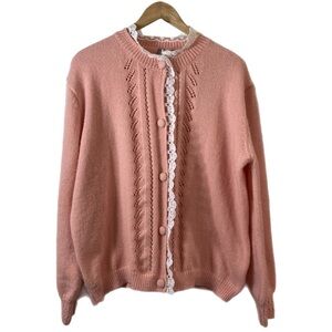 Noracora pale pink cardigan w/ white lace trim